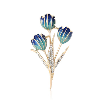 Enamel Triple Tulip Brooch Rhinestone Leaves Purple or Blue