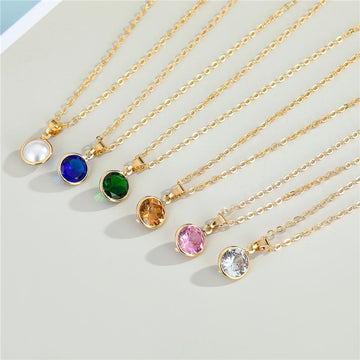 Gold Tone Round Crystal and Pearl Pendant Necklaces in Six Colors
