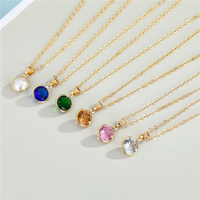 Gold Tone Round Crystal and Pearl Pendant Necklaces in Six Colors