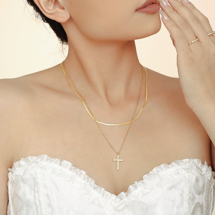 Zircon Cross Pendant Necklace Snake Chain Gold Steel Metal