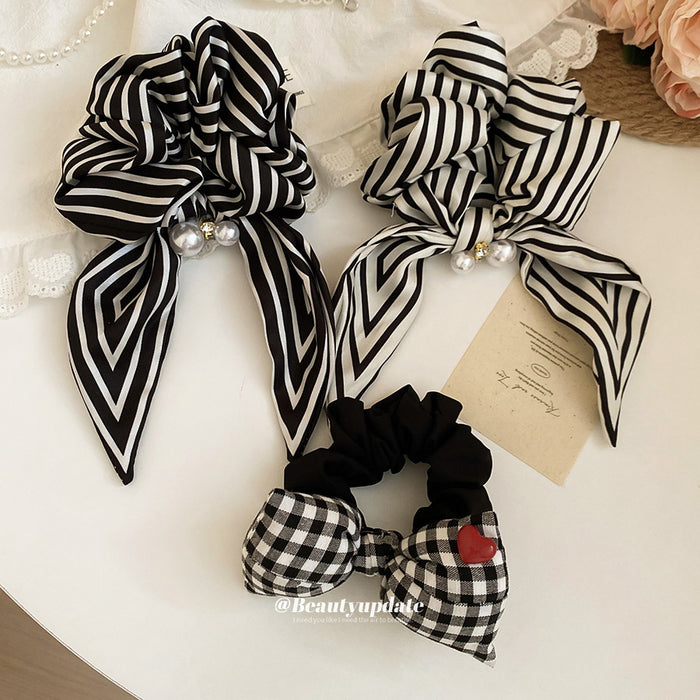 Black White Stripe Bow Scrunchie Pearl Rhinestone Accent