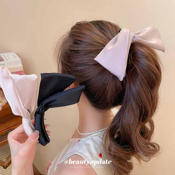 Satin Fabric Bow Banana Hair Claw Clip Ponytail Pink Style
