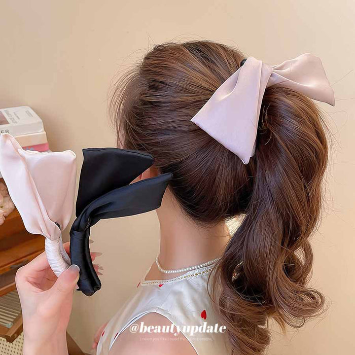 Satin Fabric Bow Banana Hair Claw Clip Ponytail Pink Style
