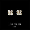 White Camellia Flower Stud Earrings Gold Rim Shell Finish view 2