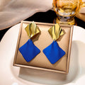 Cobalt Blue Diamond Gold Tone Geometric Dangle Stud Earrings view 3
