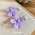 Purple Fabric Flower Drop Stud Earrings With Heart Tops view 2