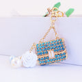 Rhinestone Handbag Keychain With White Rose And Pearl-Like Bead Charms view 4
