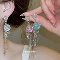 Resin Rose and Chain Tassel Drop Earrings in Three Colors view 1