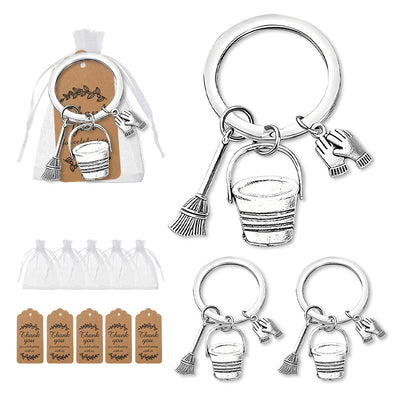 Housekeeping bucket broom gloves keychains with bags and tags
