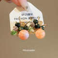 Green Stone And Peach Bead Flower Cluster Stud Earrings view 1