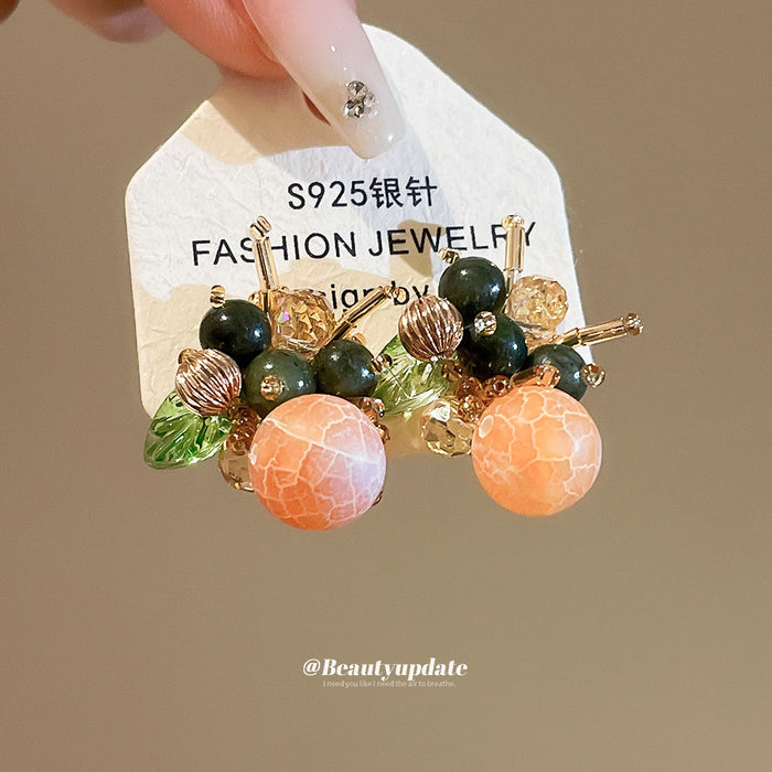 Green Stone And Peach Bead Flower Cluster Stud Earrings