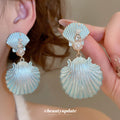 Blue Shell Shaped Drop Earrings With Pearl Accents view 1