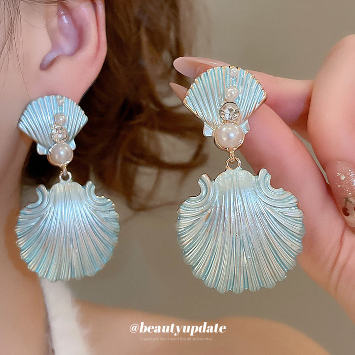 Blue Shell Shaped Drop Earrings With Pearl Accents