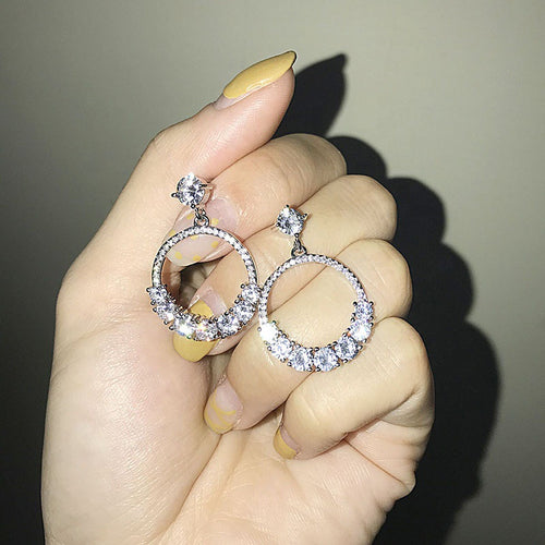 Silver Tone Pavé Crystal Circle Dangle Earrings angled detail