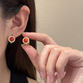 Seven Vintage Round Cabochon Gold Tone Huggie Earrings view 2
