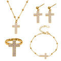 Gold Stainless Steel Zircon Cross Necklace Bracelet Ring Earrings view 5