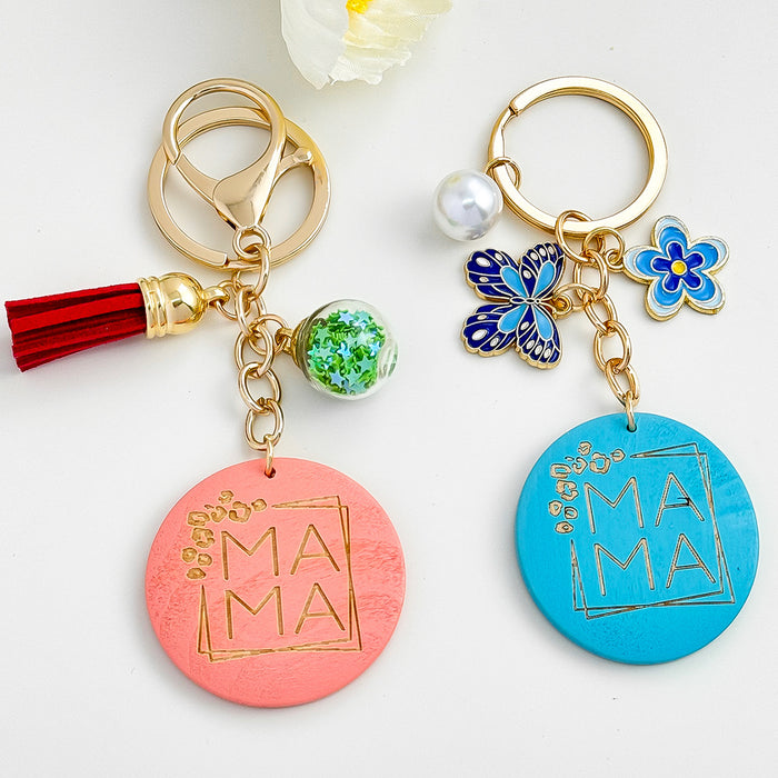 Engraved Mama Wood Disc Keychain With Tassel Charm