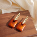 Amber Square Drop and Gold Tone Tapered Bar Earrings view 4