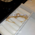 Gold Tone Rose Center Open Cuff With Clear Marquise Crystals view 3