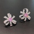 Pink Crystal Petal Flower Stud Earrings in Silver Tone view 3