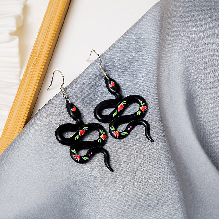 Colorful Patterned Coiled Cobra Novelty Long Hook Earrings