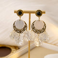 Black White Petal Cluster Antique Tone Stud Earrings view 2