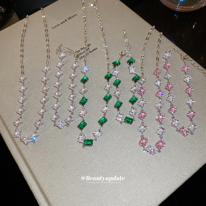 Square Zircon Necklace Bracelet Sets White Green Pink