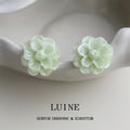 Mint Green Pearlescent Camellia Flower Stud Earrings view 4