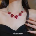 Red Crystal Flower Pearl Necklace Statement Jewelry view 3