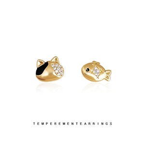 Gold Tone Cat And Fish Clear Stone Asymmetric Stud Earrings