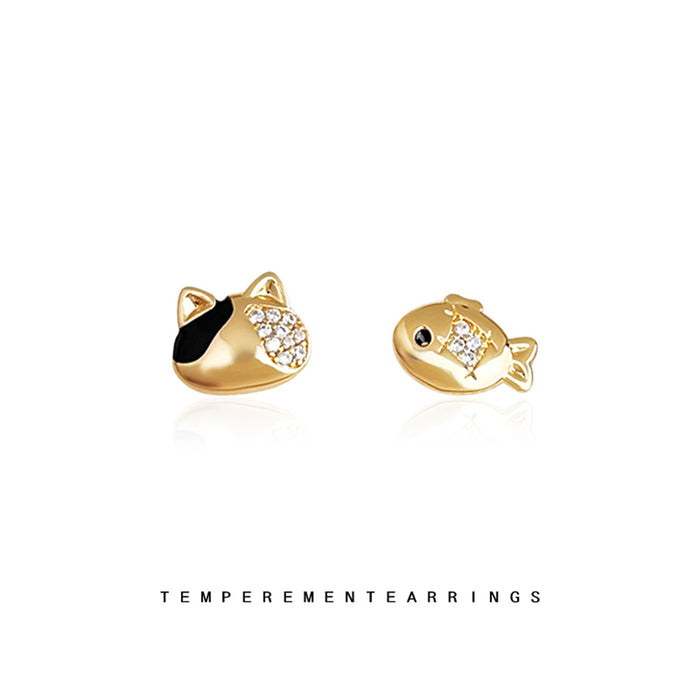 Gold Tone Cat And Fish Clear Stone Asymmetric Stud Earrings