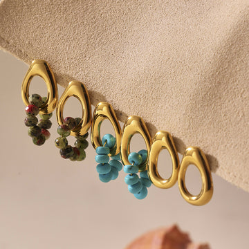 Irregular Open Loop Stone Cluster Stud Earrings in Gold Tone