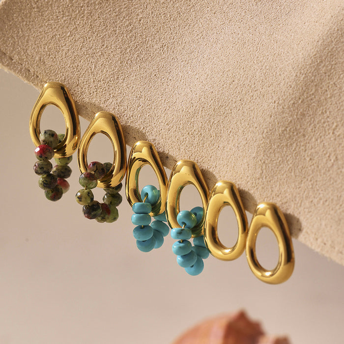 Irregular Open Loop Stone Cluster Stud Earrings in Gold Tone