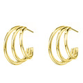 Gold Tone Triple Wire Hoop Earrings With Layered Open Design view 5