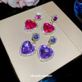 Pink and Purple Crystal Heart Drop Earrings in Gold Tone view 4