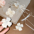 White Satin Beaded Flower Earrings and Cord Necklace view 4