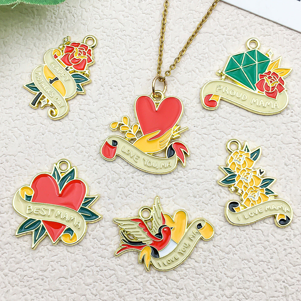 Enamel Zinc Alloy Carnation Heart Charm Pendant for DIY Mother's Day Bracelet Necklace