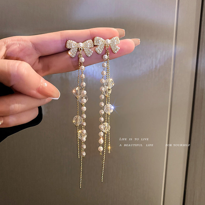 Crystal Bow Long Chain Pearl Tassel Statement Earrings