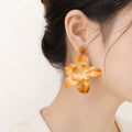 Golden Orange Layered Orchid Flower Drop Stud Earrings view 1