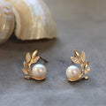 Gold Leaf Branch Imitation Pearl Stud Earrings Pair view 2