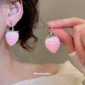 Pink Flocked Strawberry Earrings Stud And Chain Dangle view 3