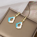 Blue White Enamel Open Geometric Drop Earrings Gold Hooks view 3