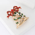 Christmas Bell Brooch In Metal With A Red Crystal Bow, Green Enamel, And Clustered Faux view 3