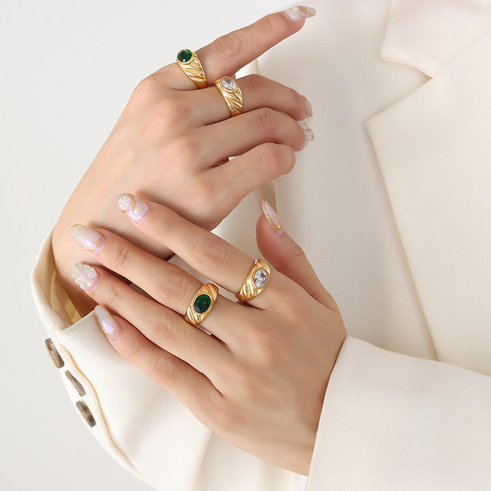 Gold Textured Dome Rings Oval Clear Or Green Stones