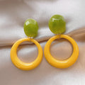 Green And Yellow Resin Circle Drop Earrings With Polished Metal Details view 4