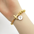 Gold Bead Stretch Bracelet Flat Cross and Round Disc Charm view 4