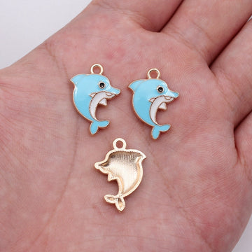Blue Enamel Dolphin Charm with Curved Silhouette and Gold Tone Edge