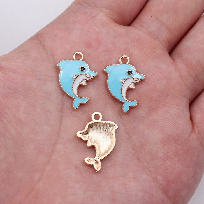 Blue Enamel Dolphin Charm with Curved Silhouette and Gold Tone Edge