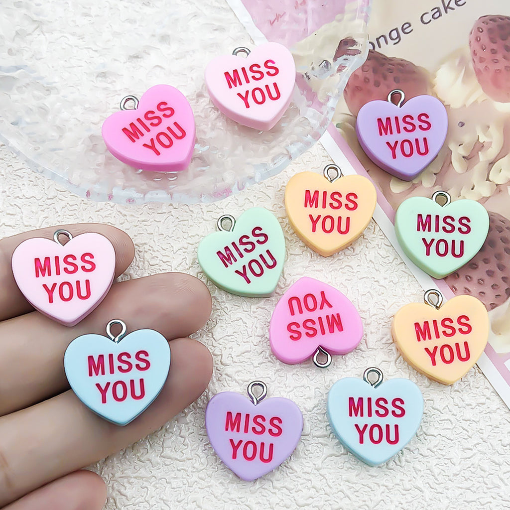 Matte Resin Miss You Heart charm pendants for DIY bracelet necklace keychain making