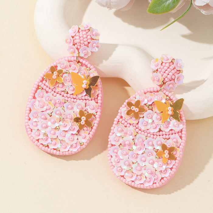Pink Seed Bead Floral Butterfly Drop Earrings With Sequin Accents
